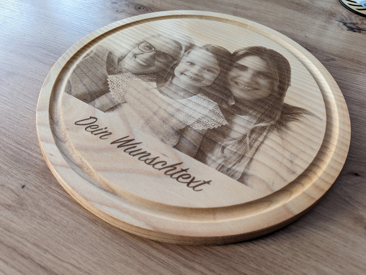 Rundes Schneidebrett mit Foto und Wunschtext - Cutting Board, Frühstücksbrett, Vesperbrett