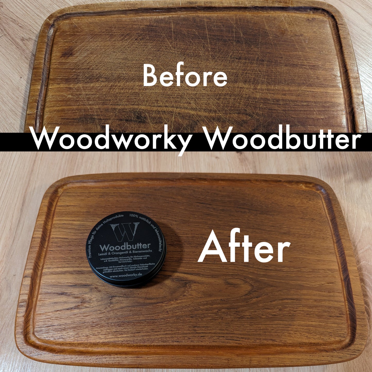Premium Holzbutter von Woodworky – Natürlicher und lebensmittelechter Schutz für Schneidebretter, Möbel, Massivholz und Holzoberflächen