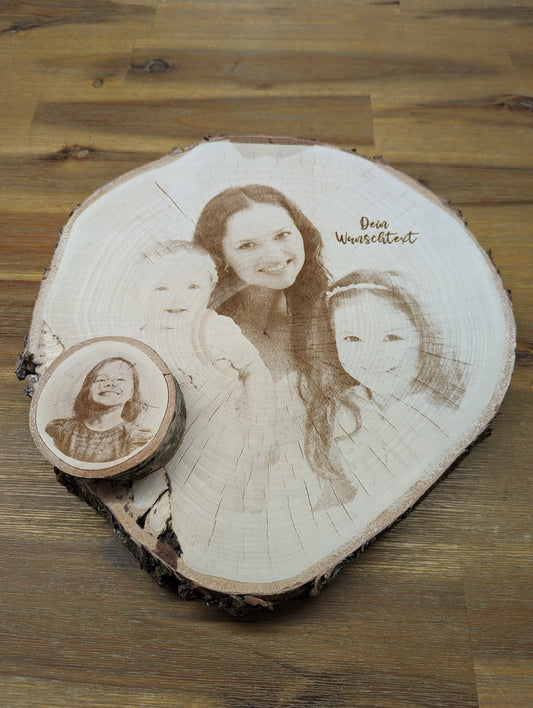 Baumscheibe mit Foto und Wunschtext - Liebe | Familie | Personalisiert | Geschenk | Holzscheibe | Name | Hochzeit