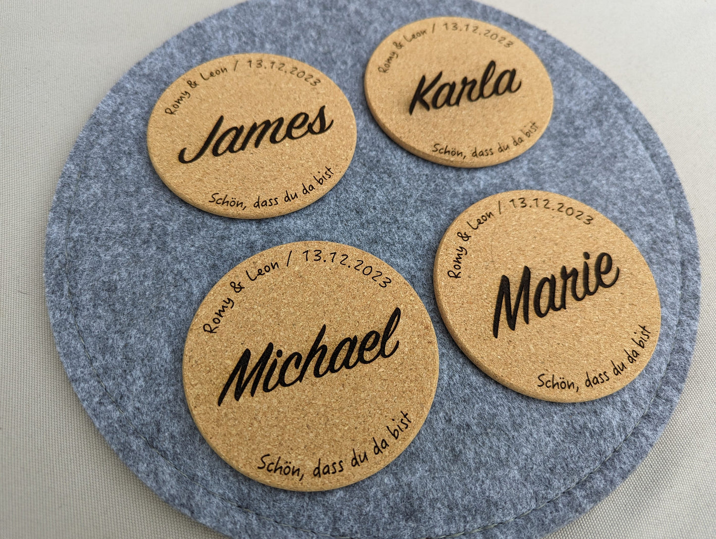 Namensschild | Untersetzer | Tassenuntersetzer | Platzkarte | Gastgeschenk | personalisiert | Kork | Hochzeit | Tischdekoration