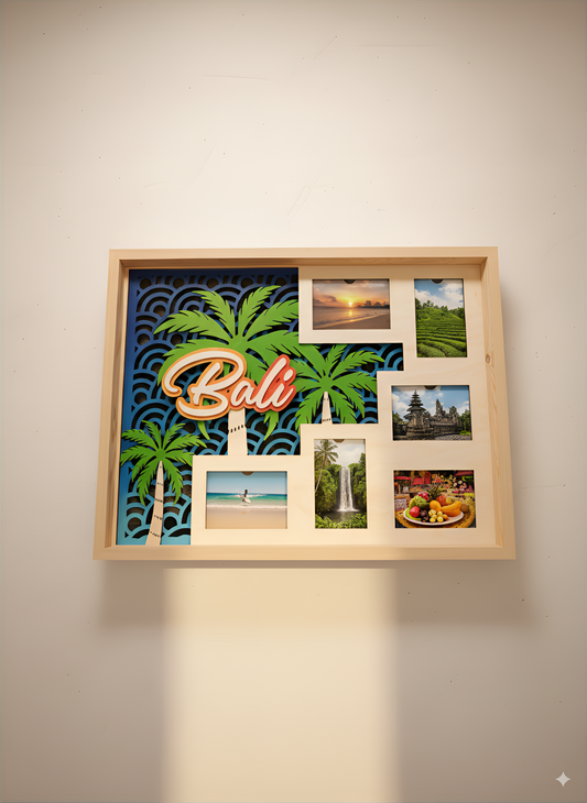 Personalisierter XXL-Bilderrahmen für Urlaubsfotos aus Holz, 68cm x 48cm, Fotocollage mit Palmen, Strand, Sonnenuntergang, Reiseerinnerungen