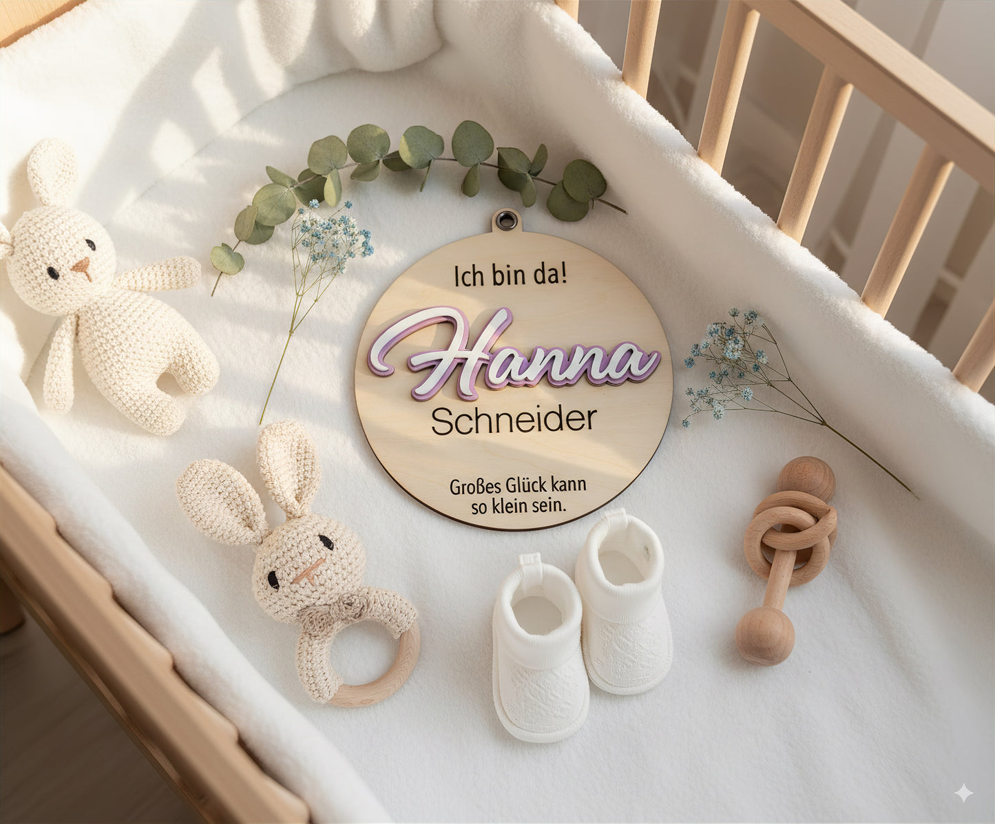 Newborn Holzschild mit graviertem Name & Geburtsdaten, 3er Set, Baby Geburtsschild, Dekoration Babyzimmer, Geschenk zur Geburt,Holzplättchen