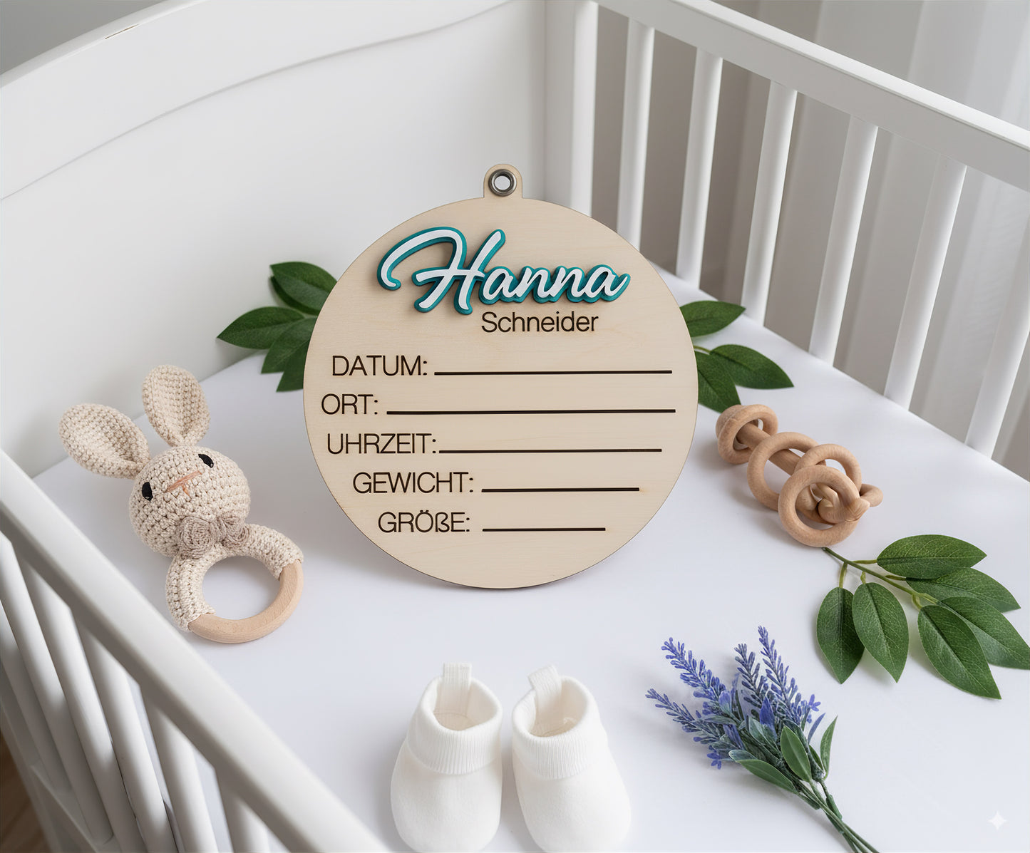 Newborn Holzschild mit graviertem Name & Geburtsdaten, 3er Set, Baby Geburtsschild, Dekoration Babyzimmer, Geschenk zur Geburt,Holzplättchen