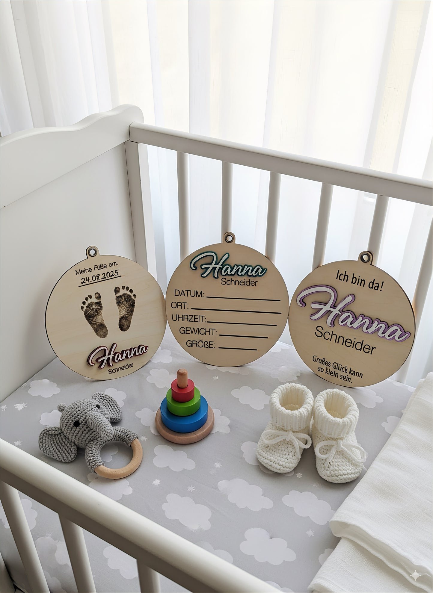 Newborn Holzschild mit graviertem Name & Geburtsdaten, 3er Set, Baby Geburtsschild, Dekoration Babyzimmer, Geschenk zur Geburt,Holzplättchen