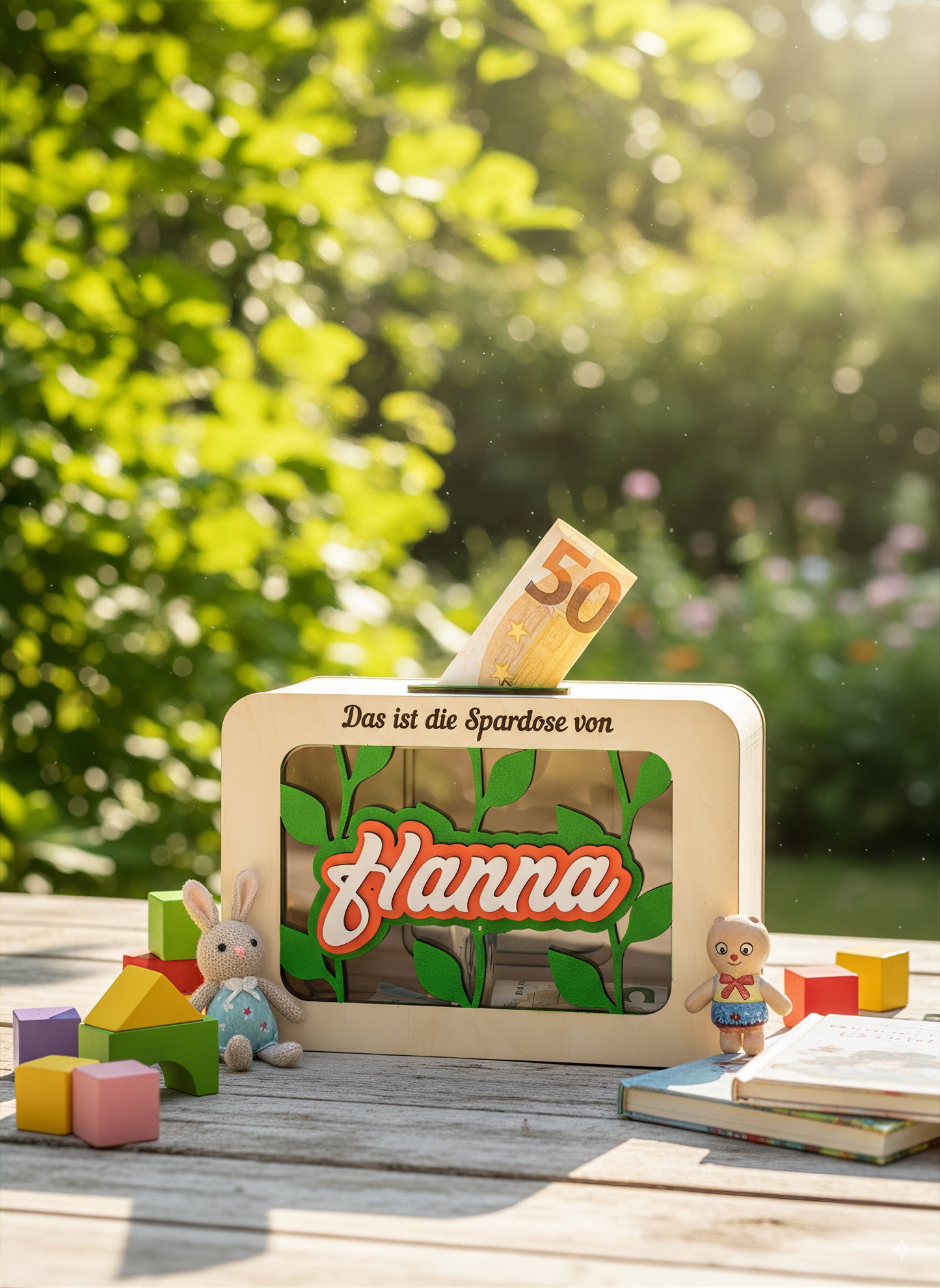 Personalisierte Spardose für Kinder | Holz-Sparbüchse mit Namen, Wunschmotiv, durchsichtigem Fenster und Montessori-Design | Geschenkidee