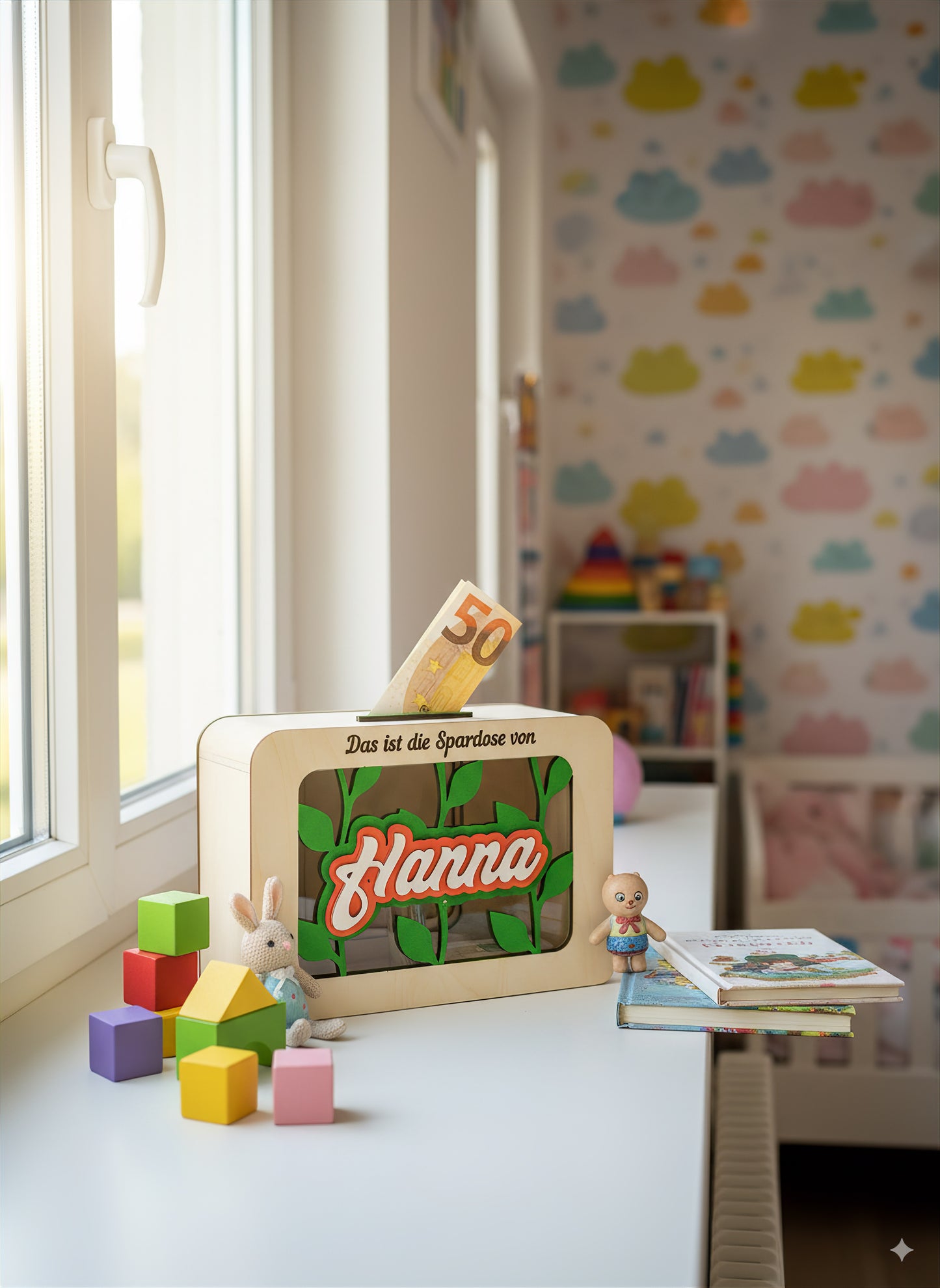 Personalisierte Spardose für Kinder | Holz-Sparbüchse mit Namen, Wunschmotiv, durchsichtigem Fenster und Montessori-Design | Geschenkidee