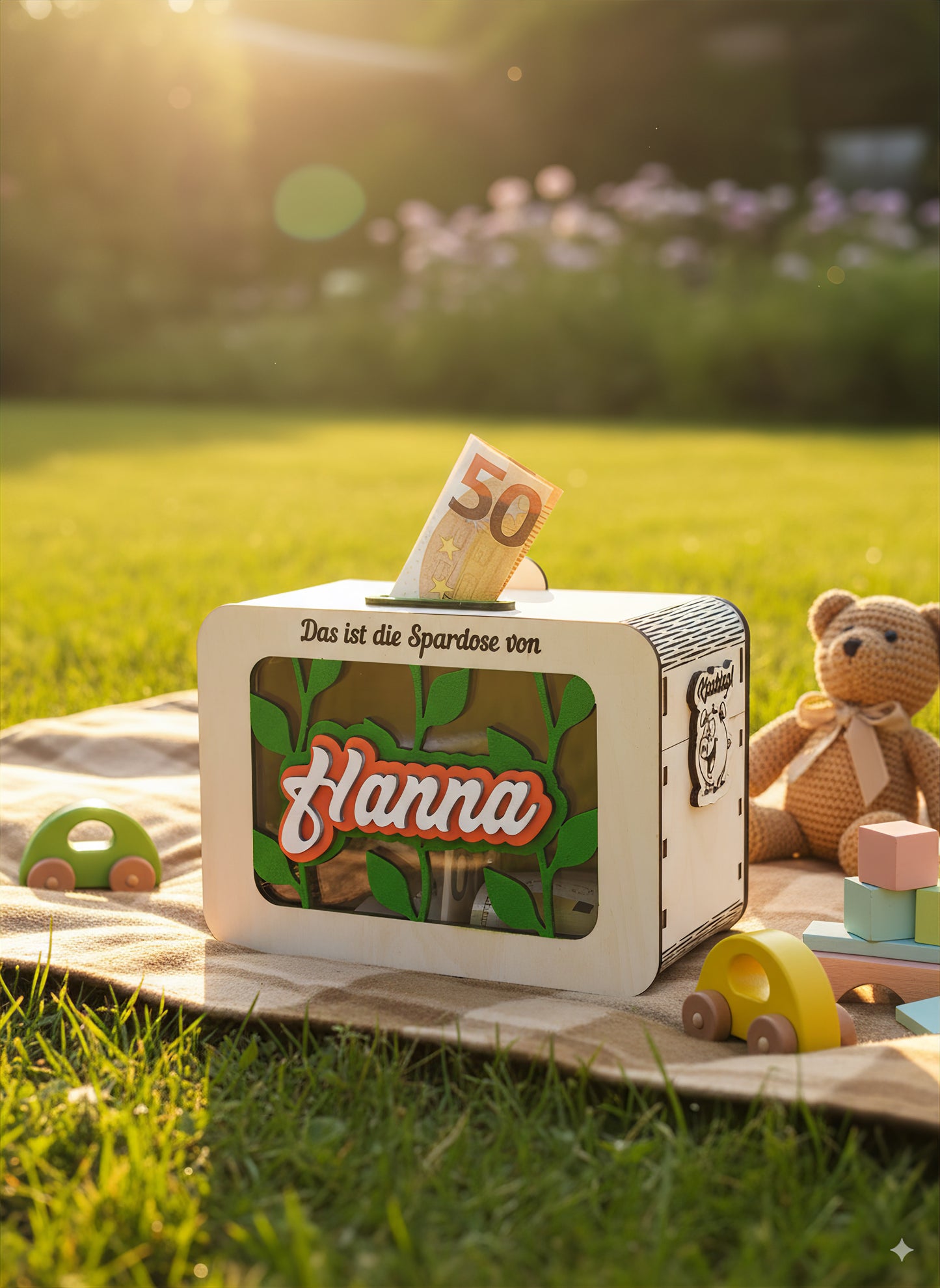 Personalisierte Spardose für Kinder | Holz-Sparbüchse mit Namen, Wunschmotiv, durchsichtigem Fenster und Montessori-Design | Geschenkidee