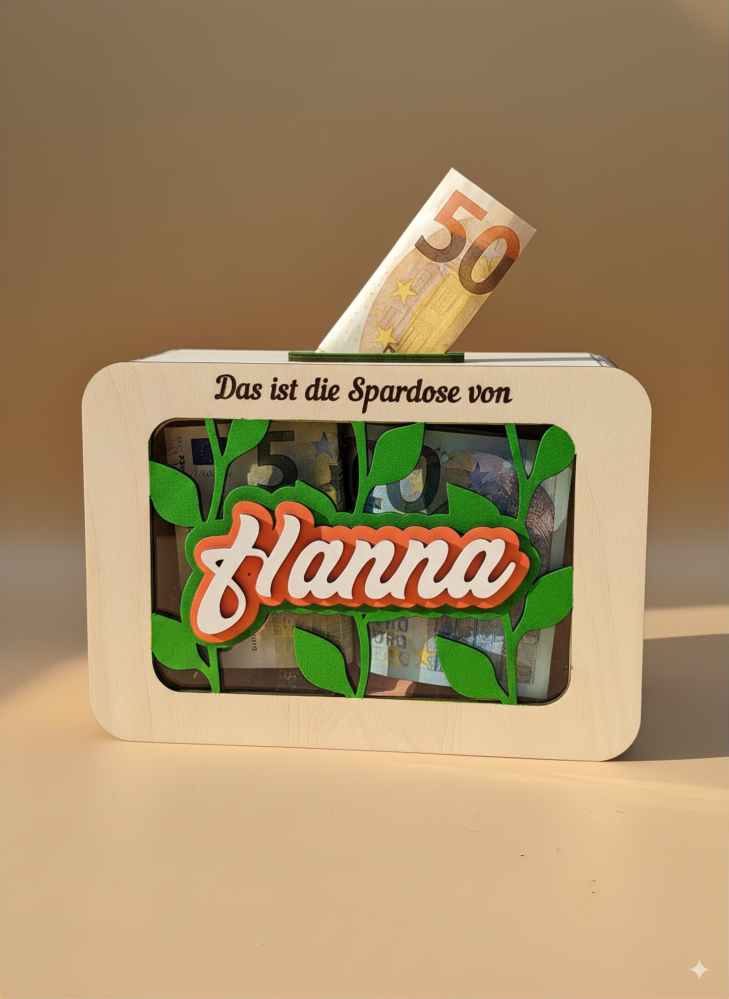 Personalisierte Spardose für Kinder | Holz-Sparbüchse mit Namen, Wunschmotiv, durchsichtigem Fenster und Montessori-Design | Geschenkidee