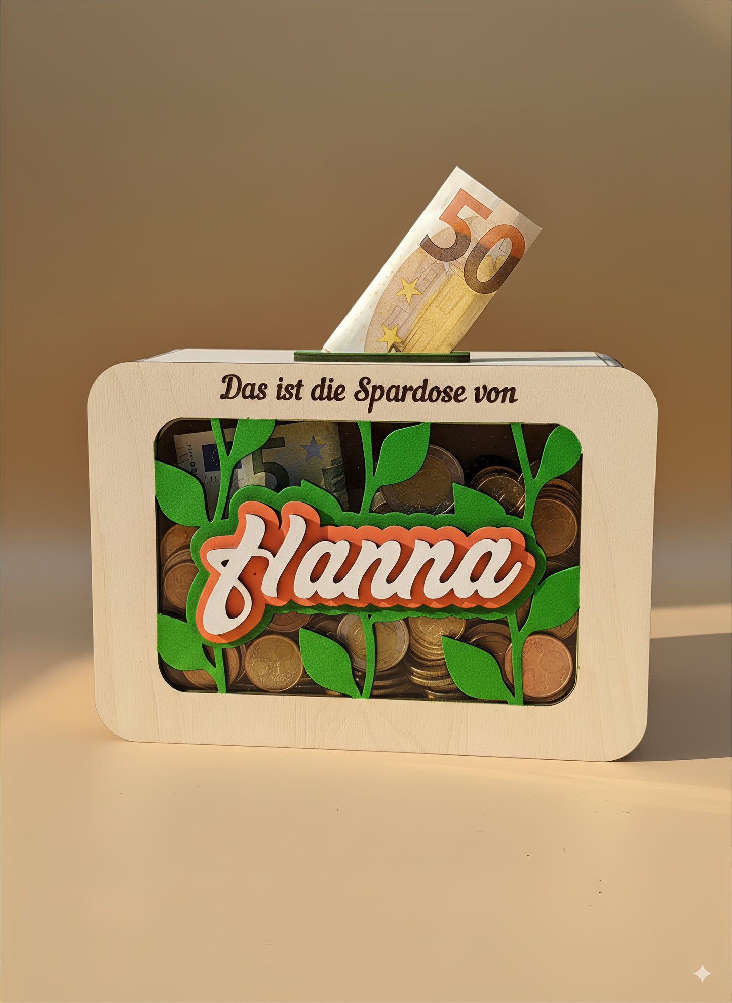 Personalisierte Spardose für Kinder | Holz-Sparbüchse mit Namen, Wunschmotiv, durchsichtigem Fenster und Montessori-Design | Geschenkidee