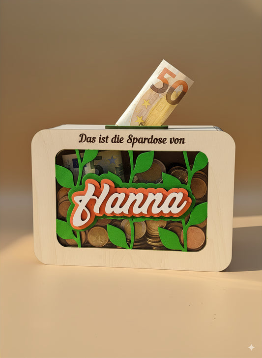 Personalisierte Spardose für Kinder | Holz-Sparbüchse mit Namen, Wunschmotiv, durchsichtigem Fenster und Montessori-Design | Geschenkidee