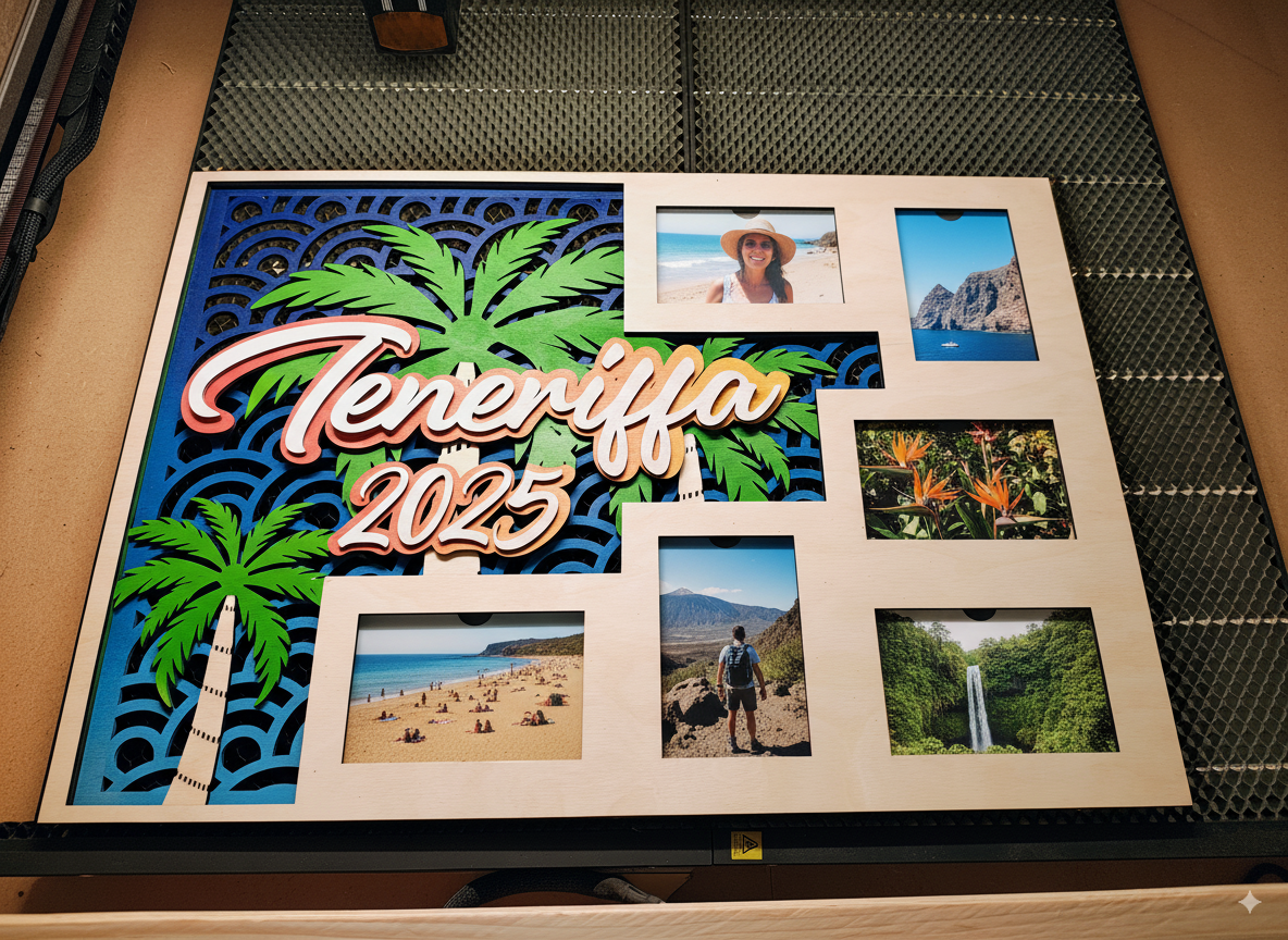 Personalisierter XXL-Bilderrahmen für Urlaubsfotos aus Holz, 68cm x 48cm, Fotocollage mit Palmen, Strand, Sonnenuntergang, Reiseerinnerungen