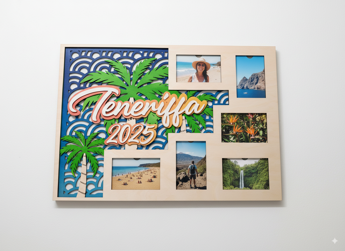 Personalisierter XXL-Bilderrahmen für Urlaubsfotos aus Holz, 68cm x 48cm, Fotocollage mit Palmen, Strand, Sonnenuntergang, Reiseerinnerungen