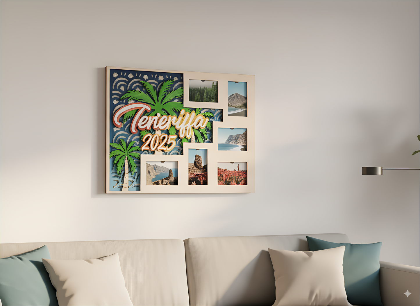 Personalisierter XXL-Bilderrahmen für Urlaubsfotos aus Holz, 68cm x 48cm, Fotocollage mit Palmen, Strand, Sonnenuntergang, Reiseerinnerungen