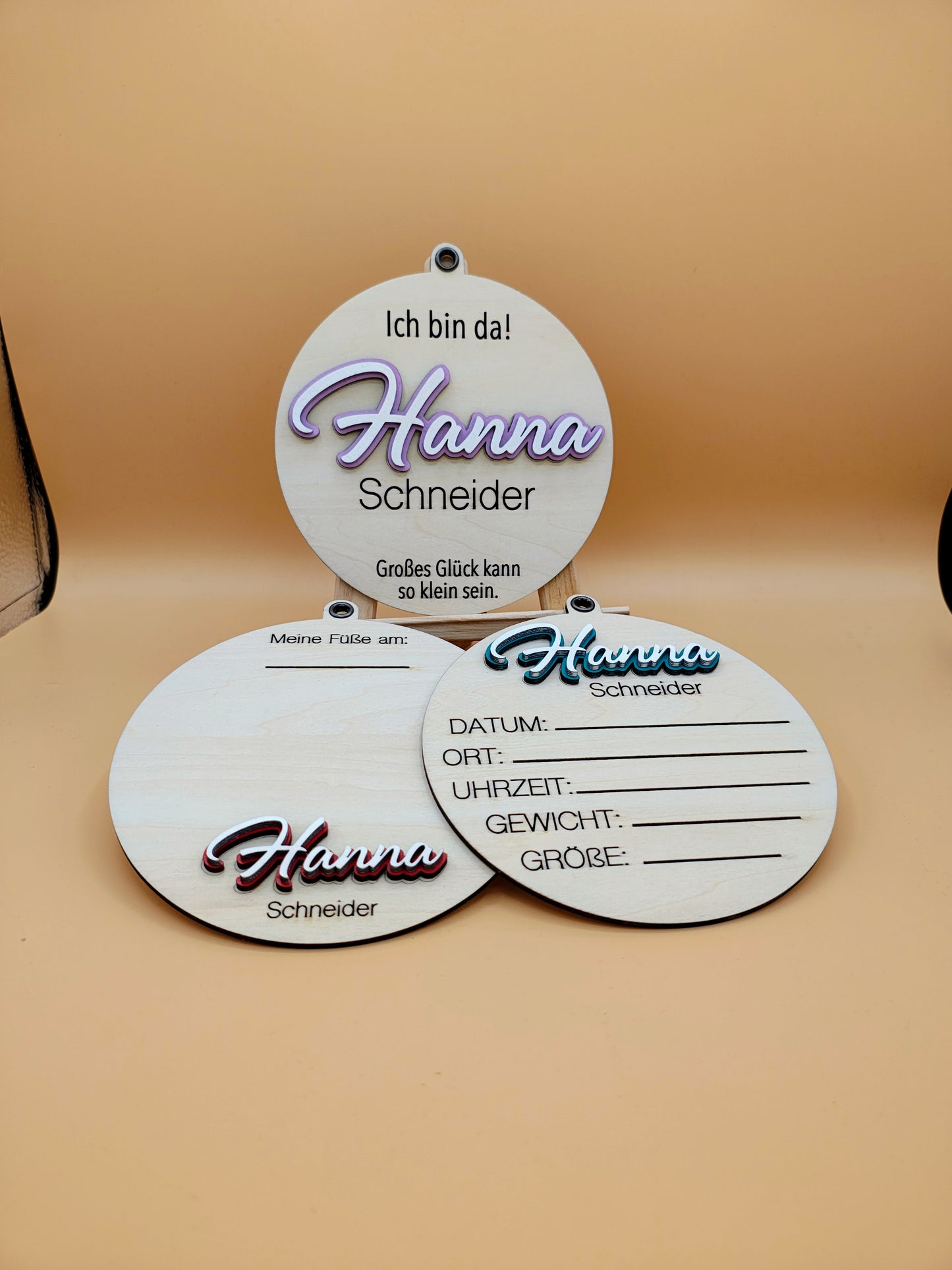 Newborn Holzschild mit graviertem Name & Geburtsdaten, 3er Set, Baby Geburtsschild, Dekoration Babyzimmer, Geschenk zur Geburt,Holzplättchen