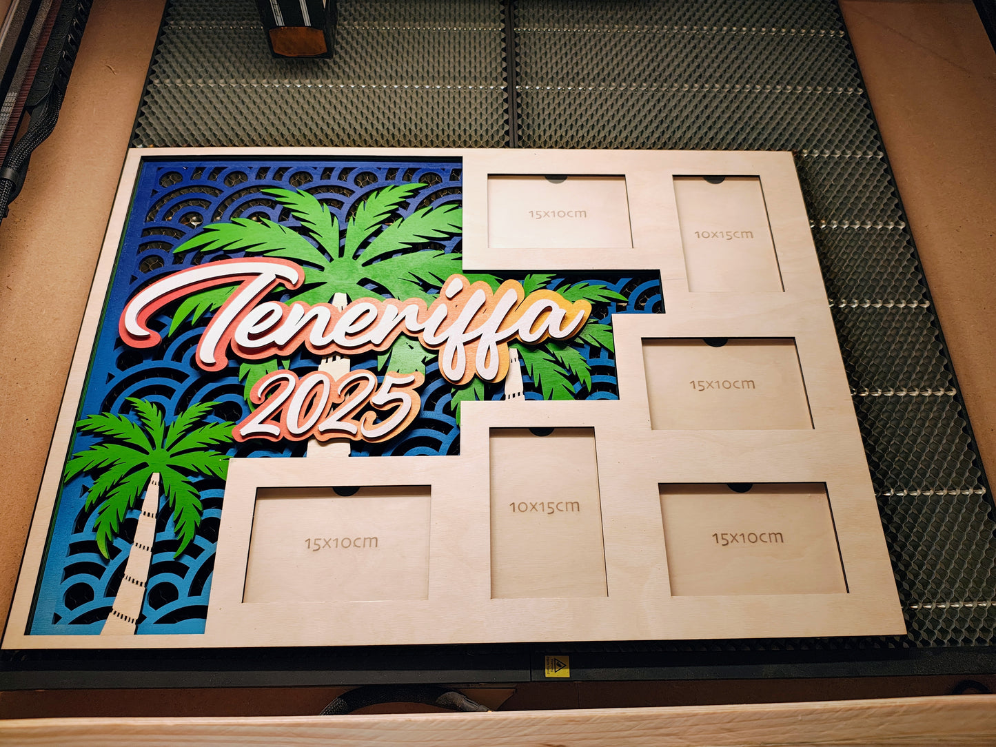 Personalisierter XXL-Bilderrahmen für Urlaubsfotos aus Holz, 68cm x 48cm, Fotocollage mit Palmen, Strand, Sonnenuntergang, Reiseerinnerungen