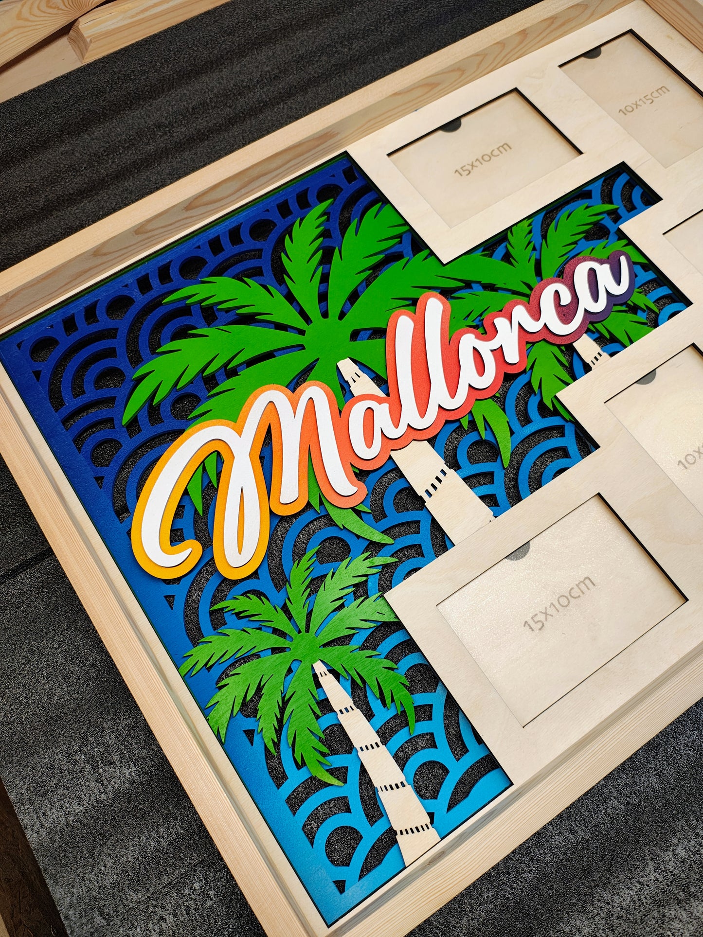 Personalisierter XXL-Bilderrahmen für Urlaubsfotos aus Holz, 68cm x 48cm, Fotocollage mit Palmen, Strand, Sonnenuntergang, Reiseerinnerungen